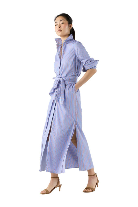Maxi Tie-Waist Shirtdress in Blue/Red Multi Stripe Poplin