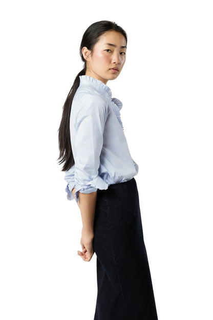 Frill Shirt in Sky Pencil Stripe Poplin