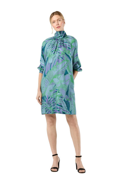 Maggie Dress in Purple/Green Butterfly Block Print Silk Twill