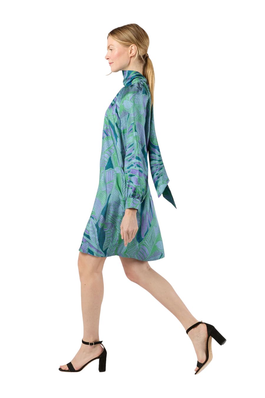 Maggie Dress in Purple/Green Butterfly Block Print Silk Twill