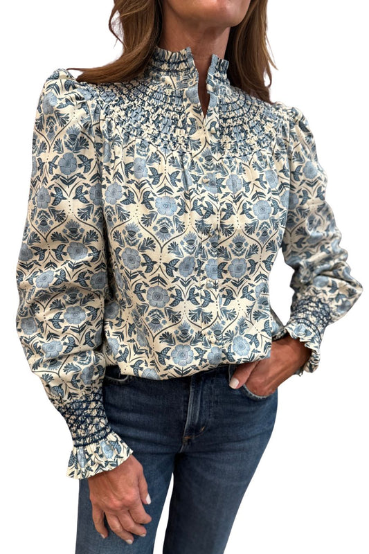 Amelia Long Sleeve Embroidered Blouse in Lake/Navy