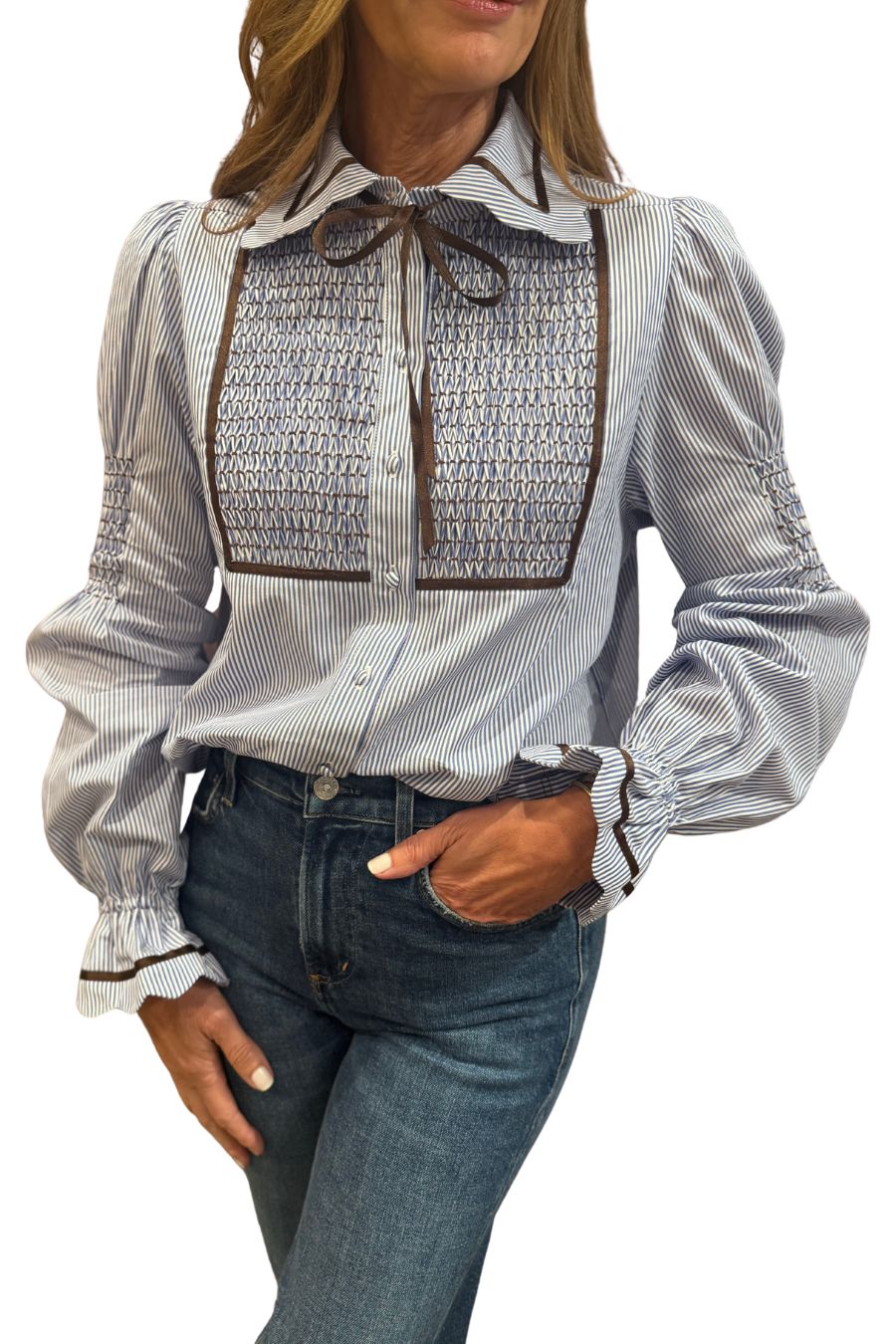 Lucy Long Sleeve Blouse in Blue/Brown