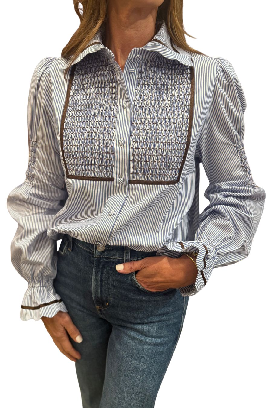 Lucy Long Sleeve Blouse in Blue/Brown