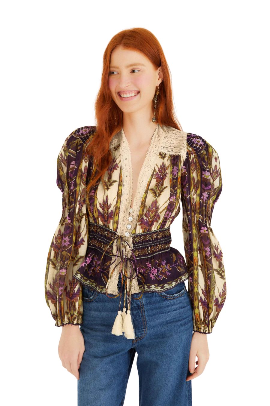 Sand Embroidered Tapestry Long Sleeve Blouse