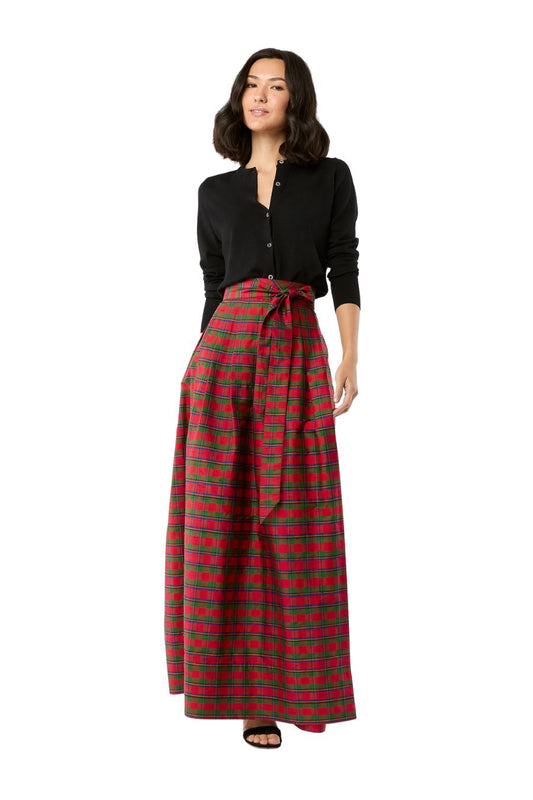 Pleated Wrap Skirt in Red Holiday Tartan Silk Shantung