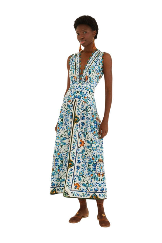Flora Tile Midi Dress in Off-White