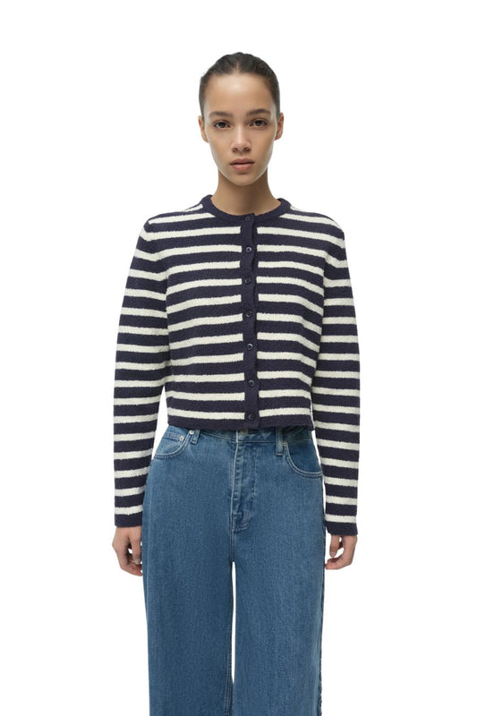 Harland Crewneck Cardigan in Midnight Stripe