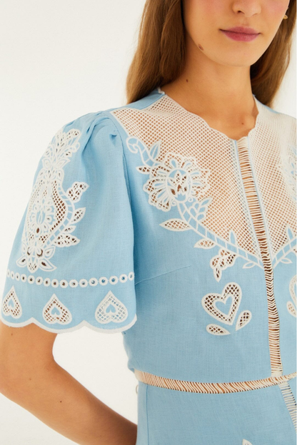 Embroidered Midi Dress in Light Blue