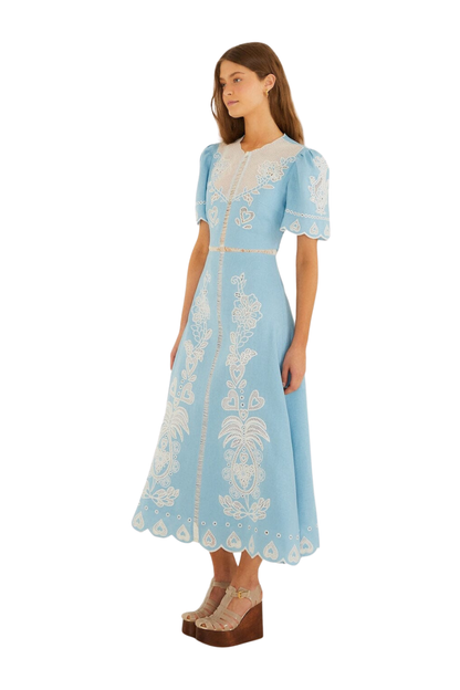 Embroidered Midi Dress in Light Blue