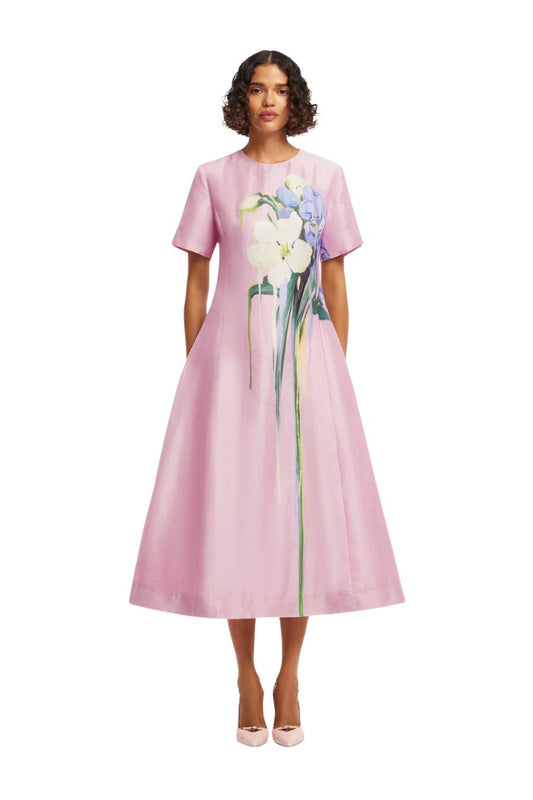 Caroline Midi Dress in Pastel Pink Bouquet Print
