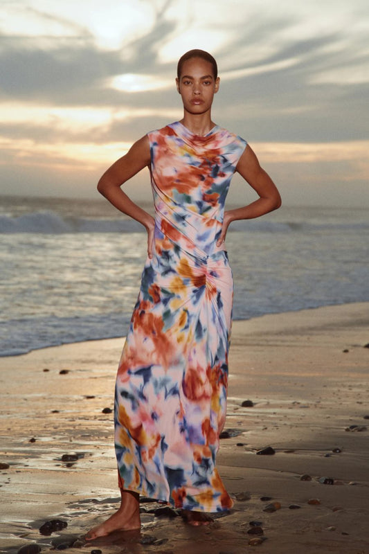 Acacia Draped Jersey Midi Dress in Daisy Multi