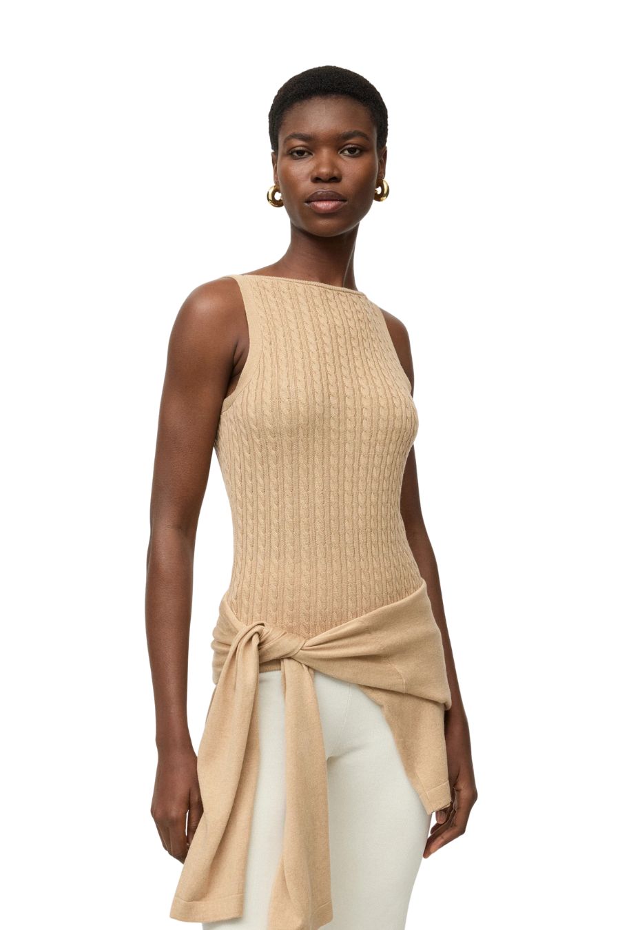 Fine Knit Cable Knit Singlet in Camel