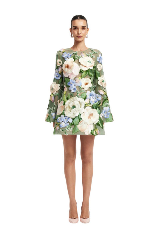 Suzanne Floral Embellished Bell Sleeve Mini in Blossom