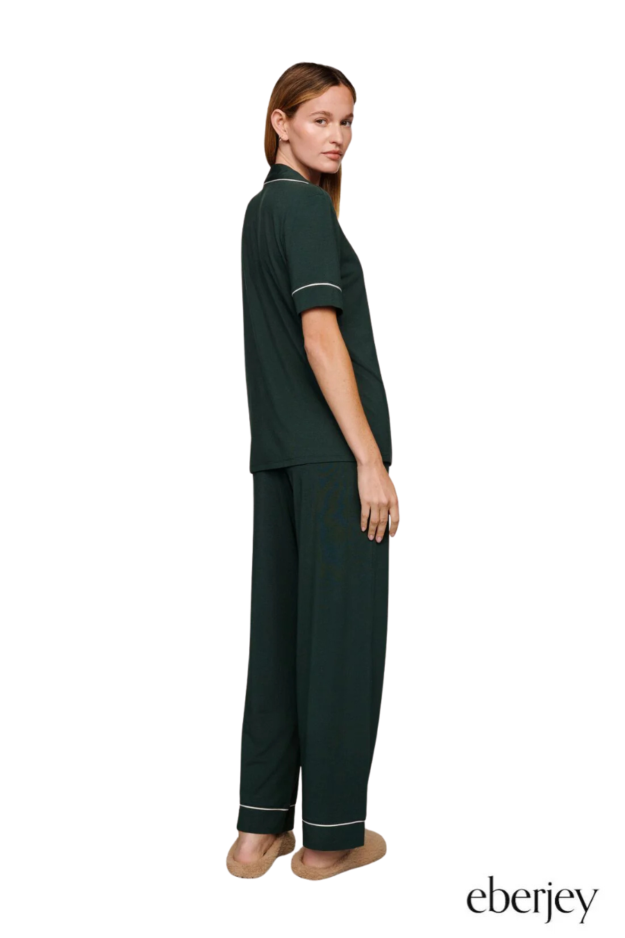 Gisele Short Sleeve Pant PJ Set in Pine/Ivory