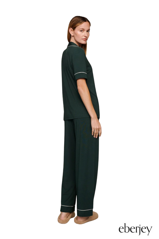 Gisele Short Sleeve Pant PJ Set in Pine/Ivory