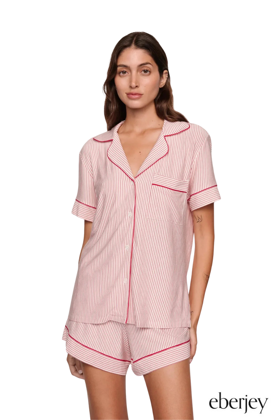 Gisele Printed Relaxed PJ Set in Duo Stripe Holly Red/Holly Red