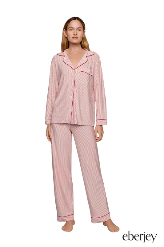 Gisele Long PJ Set in Duo Stripe Holly Red/Holly Red