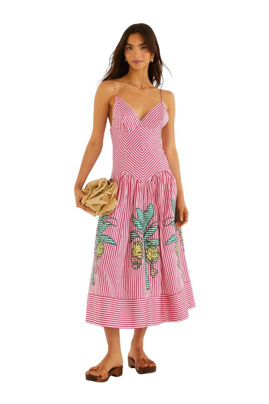 Palm Tree Stripes Cutwork Midi Dress in Pink