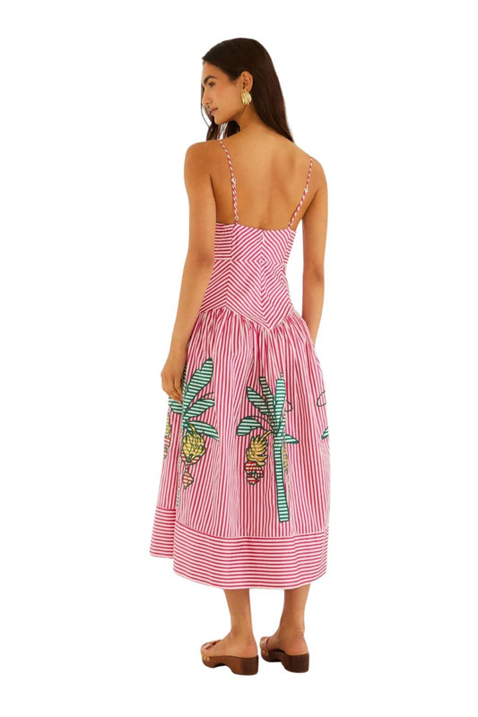 Palm Tree Stripes Cutwork Midi Dress in Pink