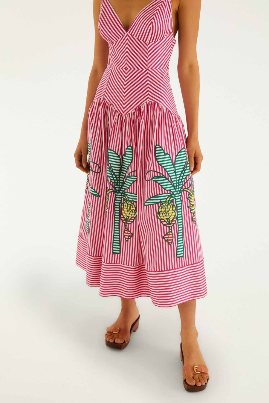 Palm Tree Stripes Cutwork Midi Dress in Pink