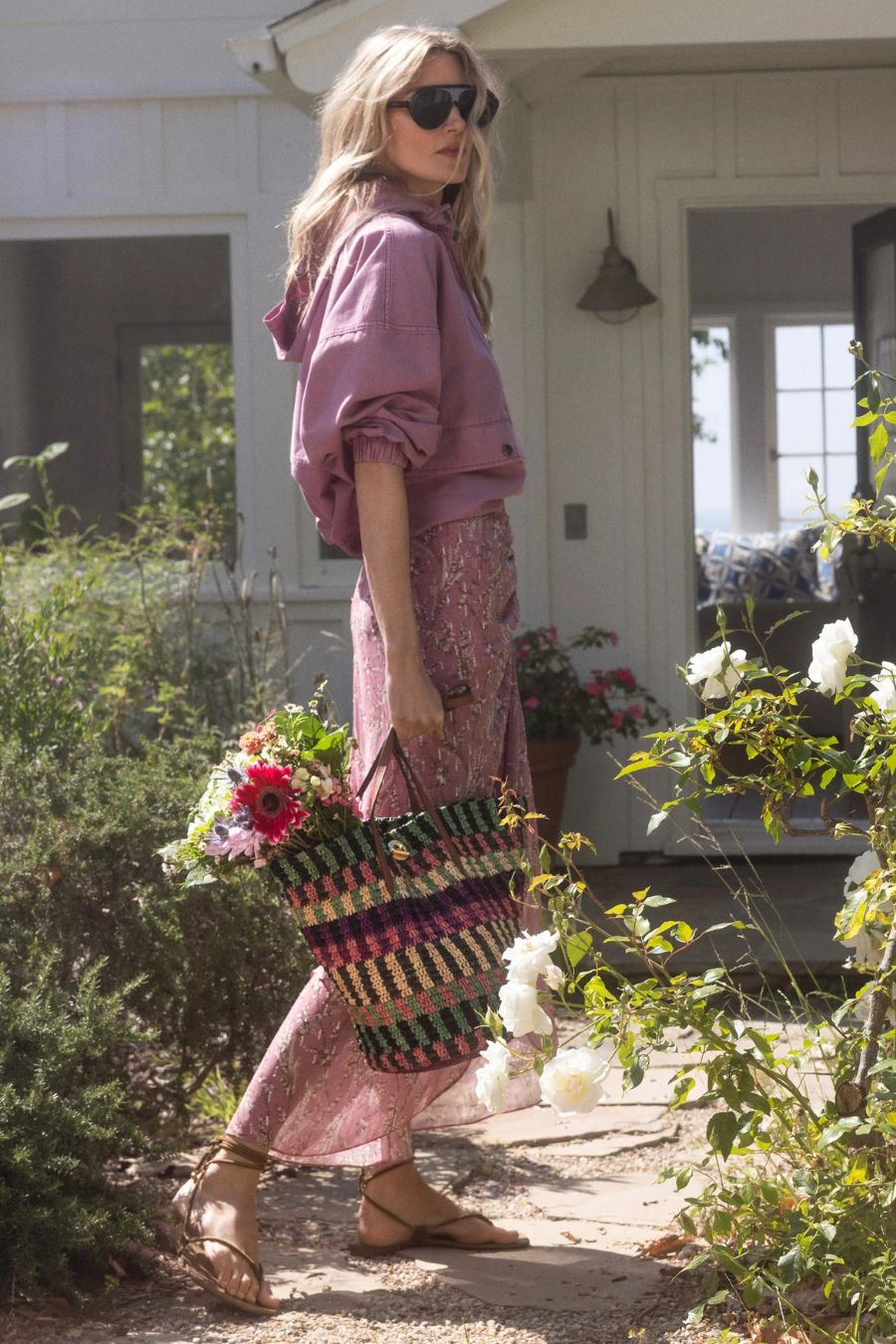 Striped Raffia Tote Bag in Berry Multi