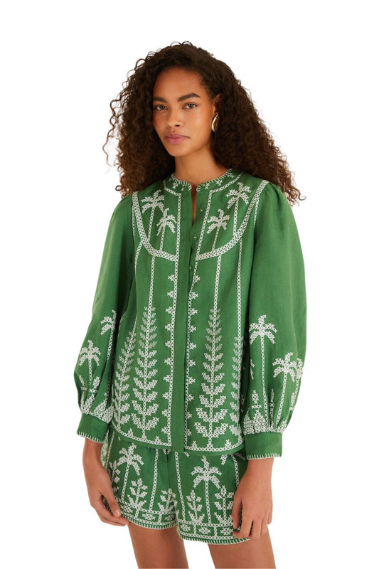 Bicolor Cross Stitch Embroidery Blouse in Green