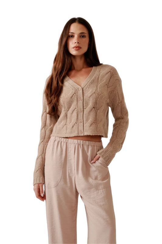 Jolie V-Neck Cropped Cable Cashmere Cardigan in Dune Heather