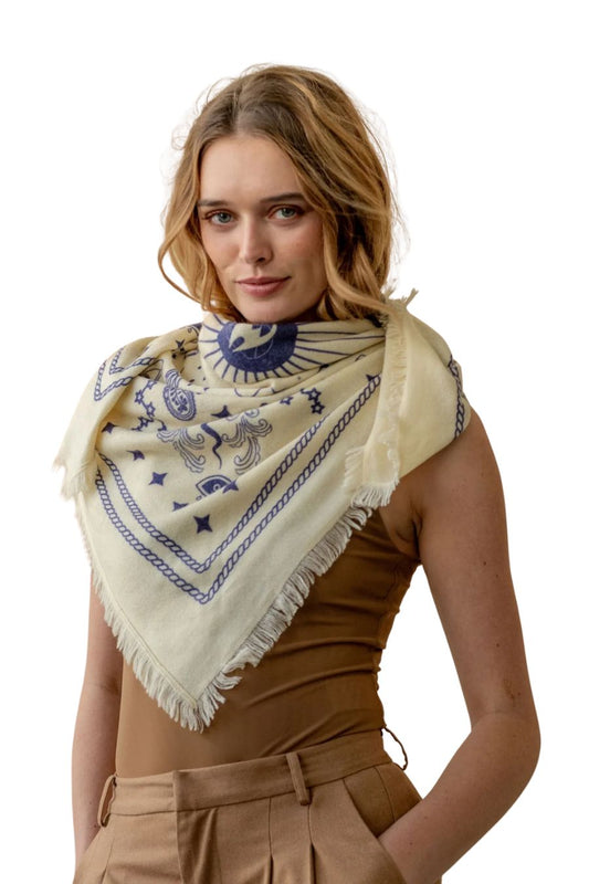 Cosmic Rodeo Cashmere Bandana Sweater Wrap in Butter/Navy