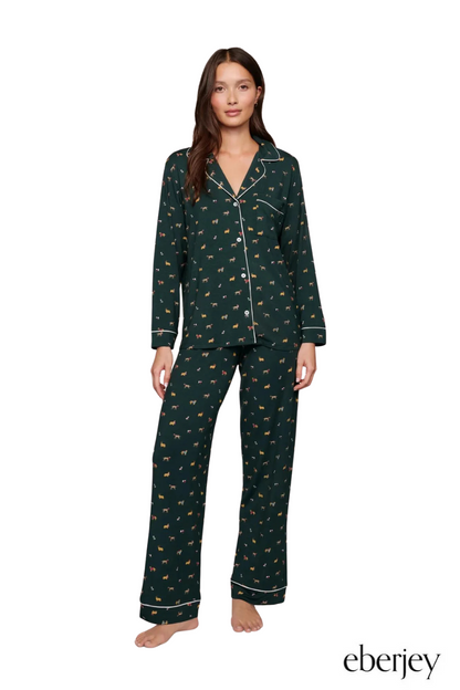 Gisele Printed Long PJ Set in Holiday Dogs Pine/Ivory