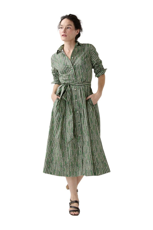 Classic Shirtwaist Dress in Green Floral Stripe Printed Poplin