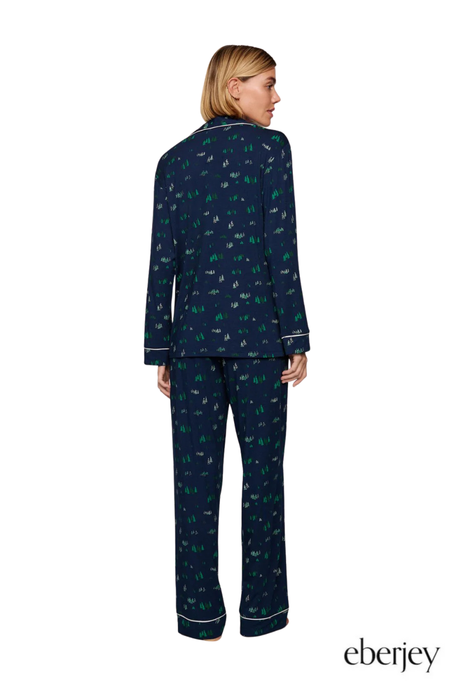 Gisele Printed Long PJ Set in Forest Pine Navy/Ivory