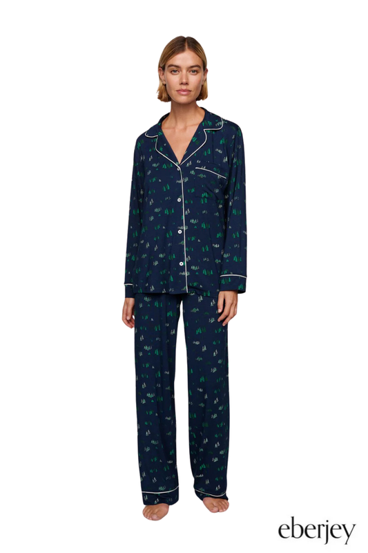 Gisele Printed Long PJ Set in Forest Pine Navy/Ivory