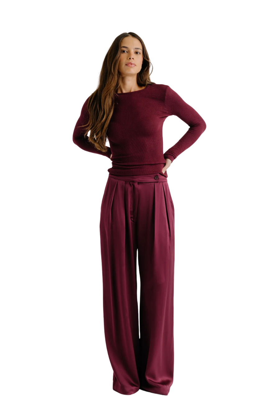 Brooke High Rise Double Pleat Trouser in Bordeaux