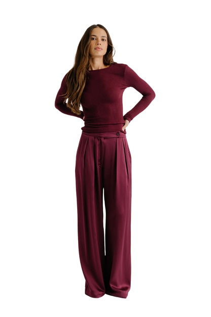 Brooke High Rise Double Pleat Trouser in Bordeaux