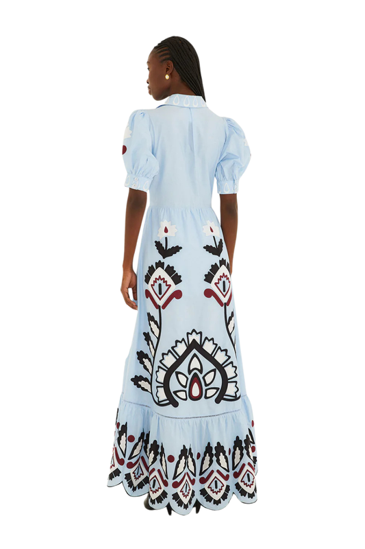 Artisanal Short Sleeve Maxi Dress in Blue