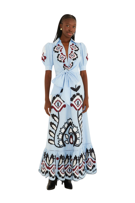 Artisanal Short Sleeve Maxi Dress in Blue
