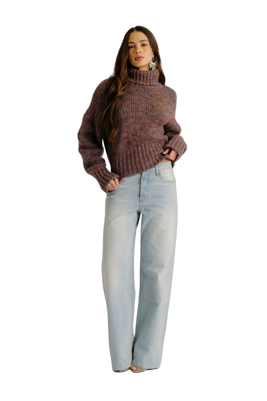 Darcey Cropped Slouchy Cashmere Turtleneck in Mahogany Multi