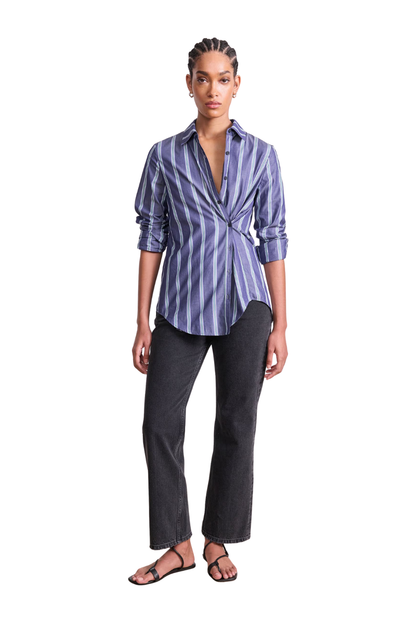 Sodi Wrap Button Up in Indigo Stripe