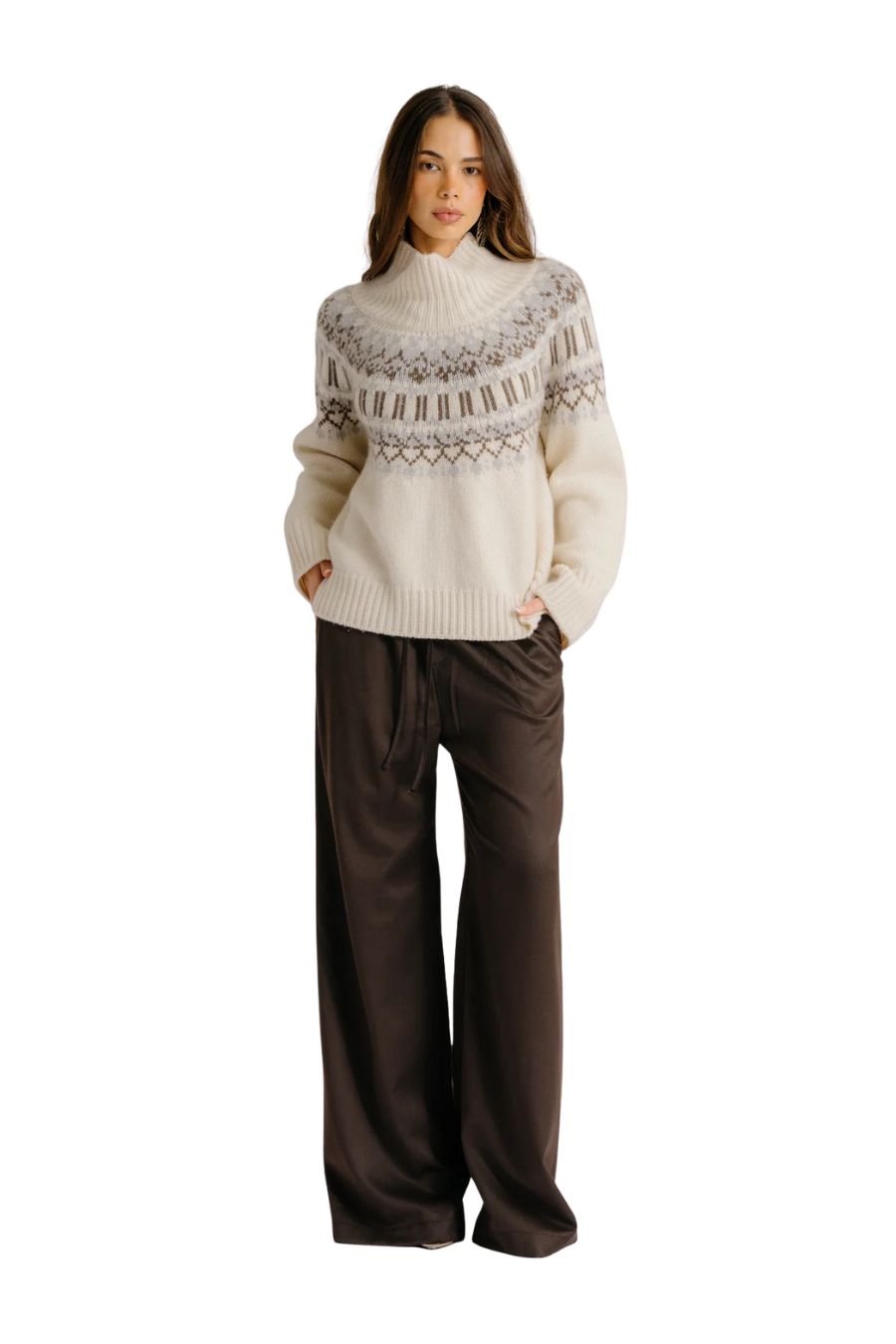 Scottie Slouchy Fair Isle Cashmere Mock Neck in Gardenia Fair Isle