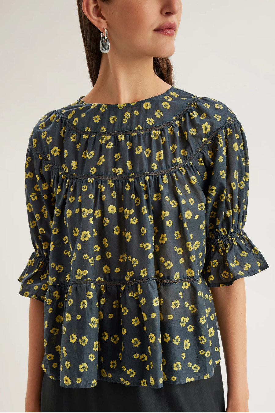 Sol Print Top in Lemon Navy Floral