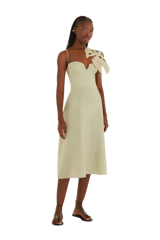 Green Striped 3D Monstera Leaf Linen Midi Dress