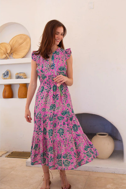 Lola Midi Dress in Green and Fuschia Floral