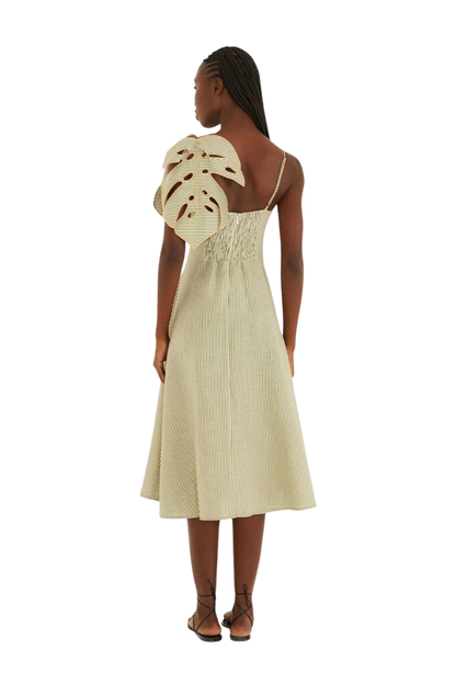Green Striped 3D Monstera Leaf Linen Midi Dress