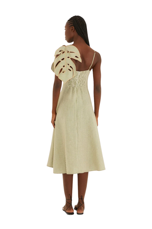 Green Striped 3D Monstera Leaf Linen Midi Dress