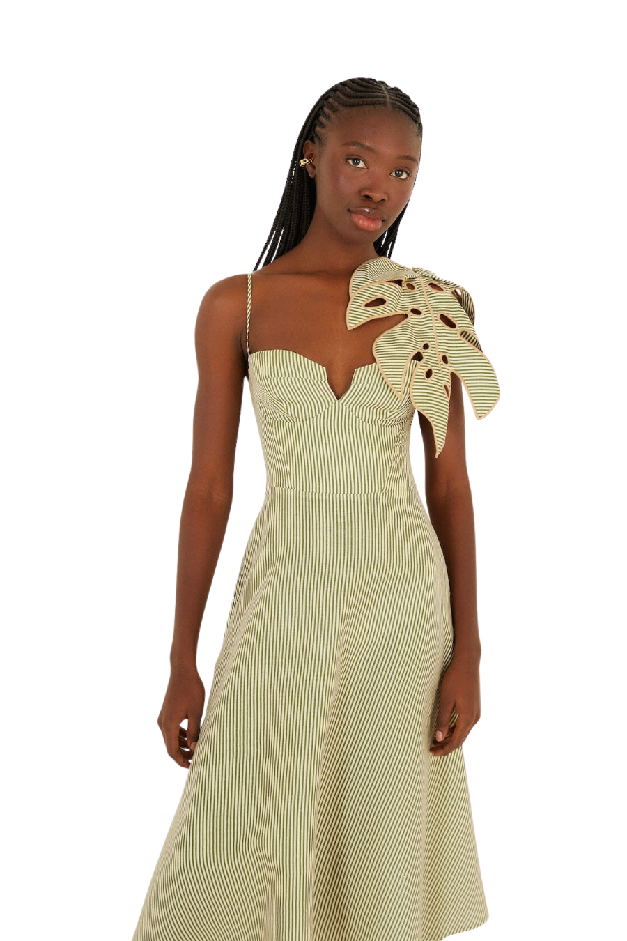 Green Striped 3D Monstera Leaf Linen Midi Dress