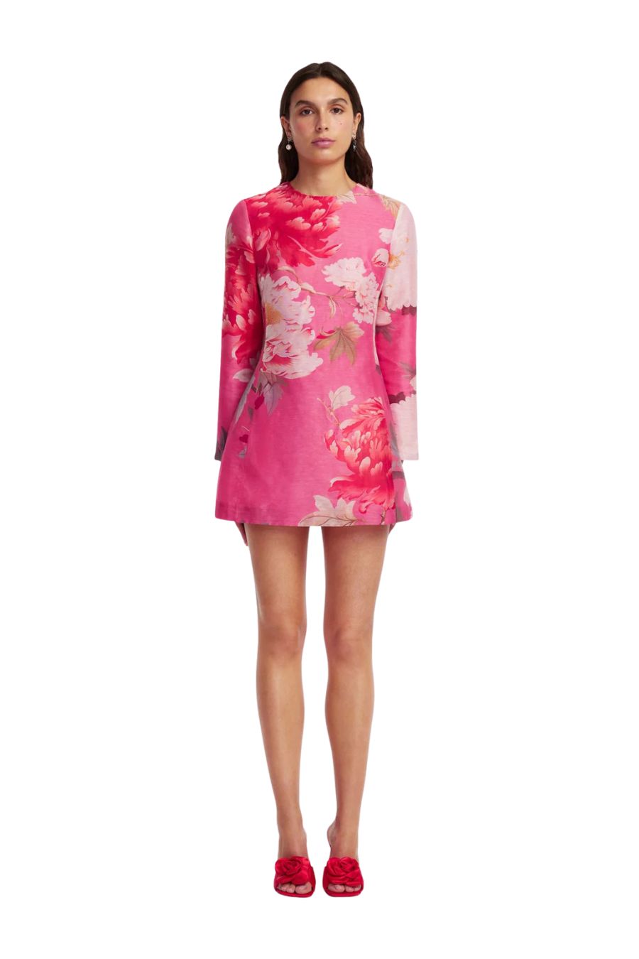 Aliza Long Sleeve Mini Dress in Peony Print in Fuchsia