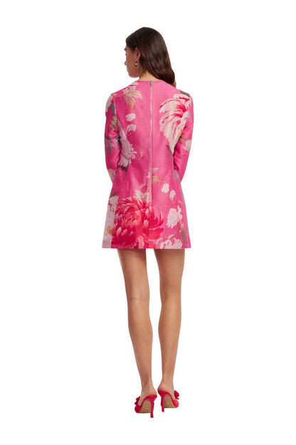 Aliza Long Sleeve Mini Dress in Peony Print in Fuchsia