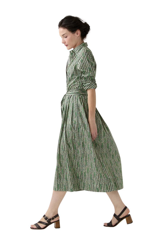 Classic Shirtwaist Dress in Green Floral Stripe Printed Poplin