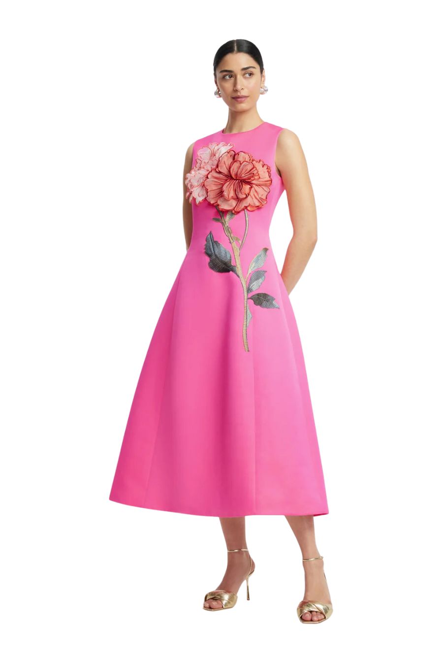 Cleo Appliqué Sleeveless Midi Dress in Peony Print in Fuchsia