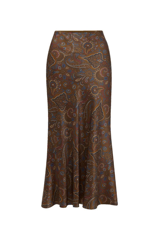 Clover Stretch-Silk Midi Skirt in Walnut Multi
